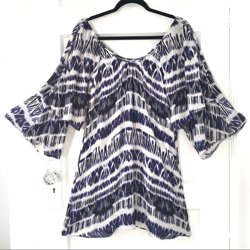 Parker Ikat Tie Dye Silk Dress with Flutter Sleeves in Blue and White Medium M